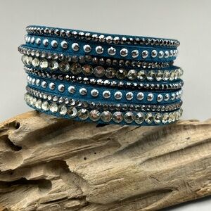 Blue and Silver Crystal Leather Bracelet